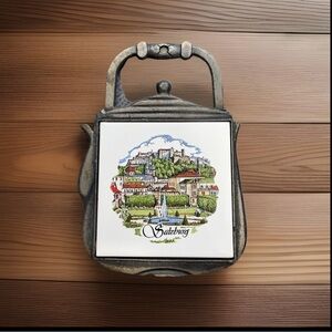 Vintage Cast Iron Tile Teapot Shaped Trivet Salzburg Austria Scene